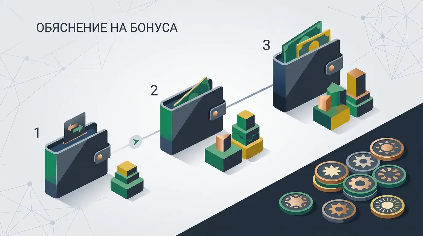 Редакционна илюстрация на три етапа на депозитен бонус и отделна механика за безплатни завъртания