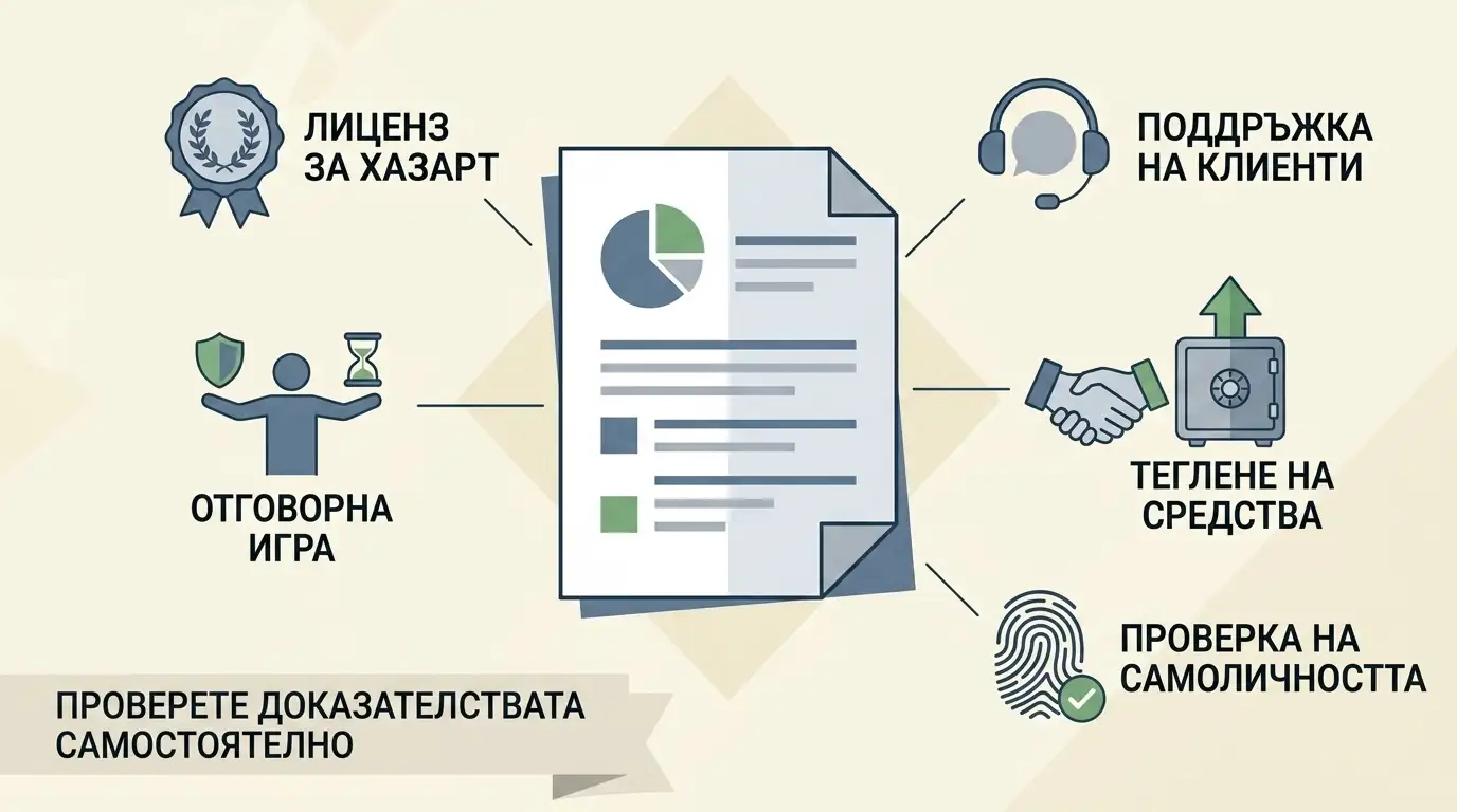 Редакционна checklist схема за лиценз, support, withdrawal, KYC и responsible gambling без звезден рейтинг