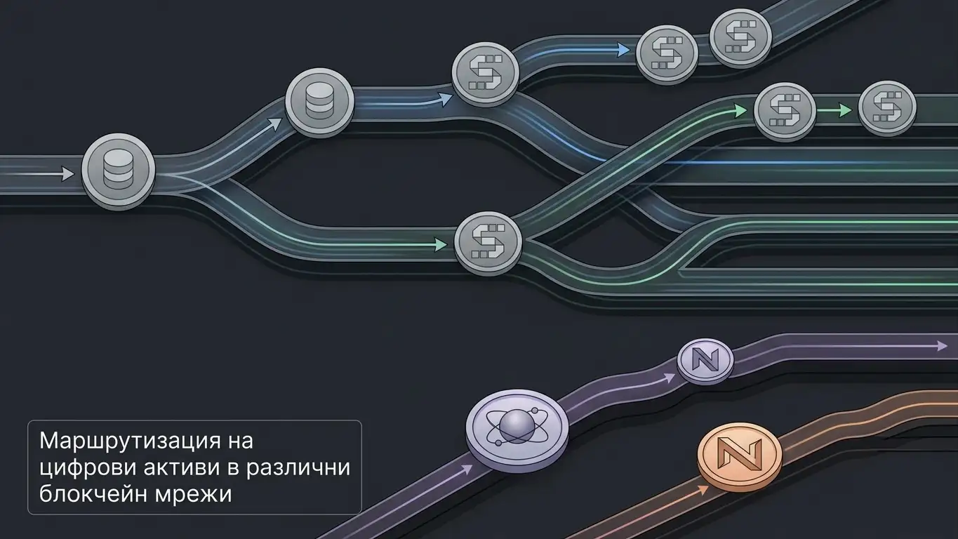 Схематична карта на stablecoins и native crypto assets през различни blockchain мрежи