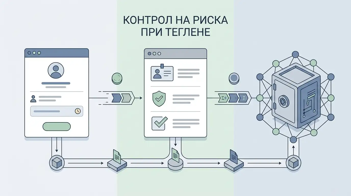Неутрална схема на crypto withdrawal flow от акаунт през проверка към blockchain wallet