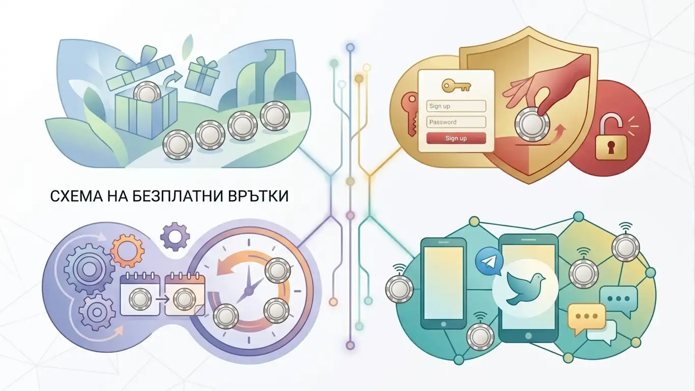 Редакционна илюстрация на welcome, ежедневни и action-based механики за безплатни завъртания