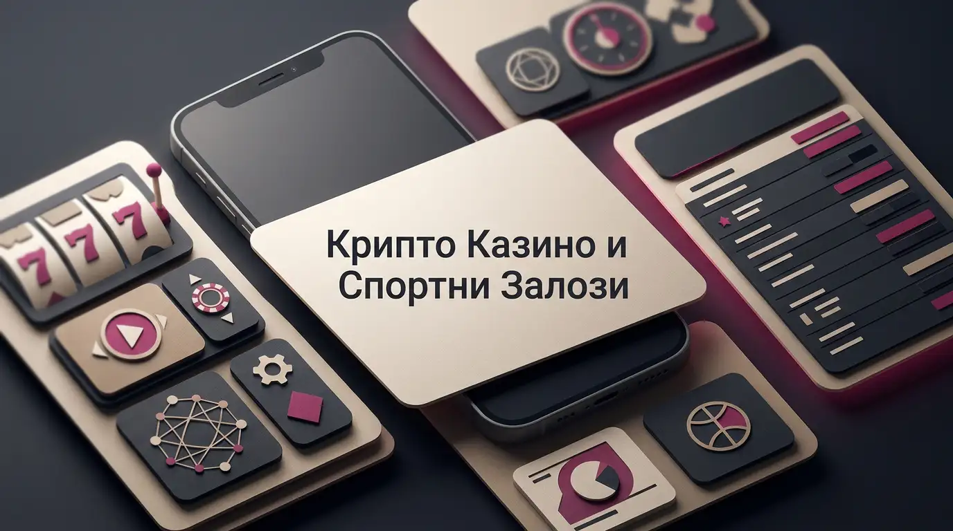 Редакционна илюстрация на крипто казино, мобилен достъп и спортни залози